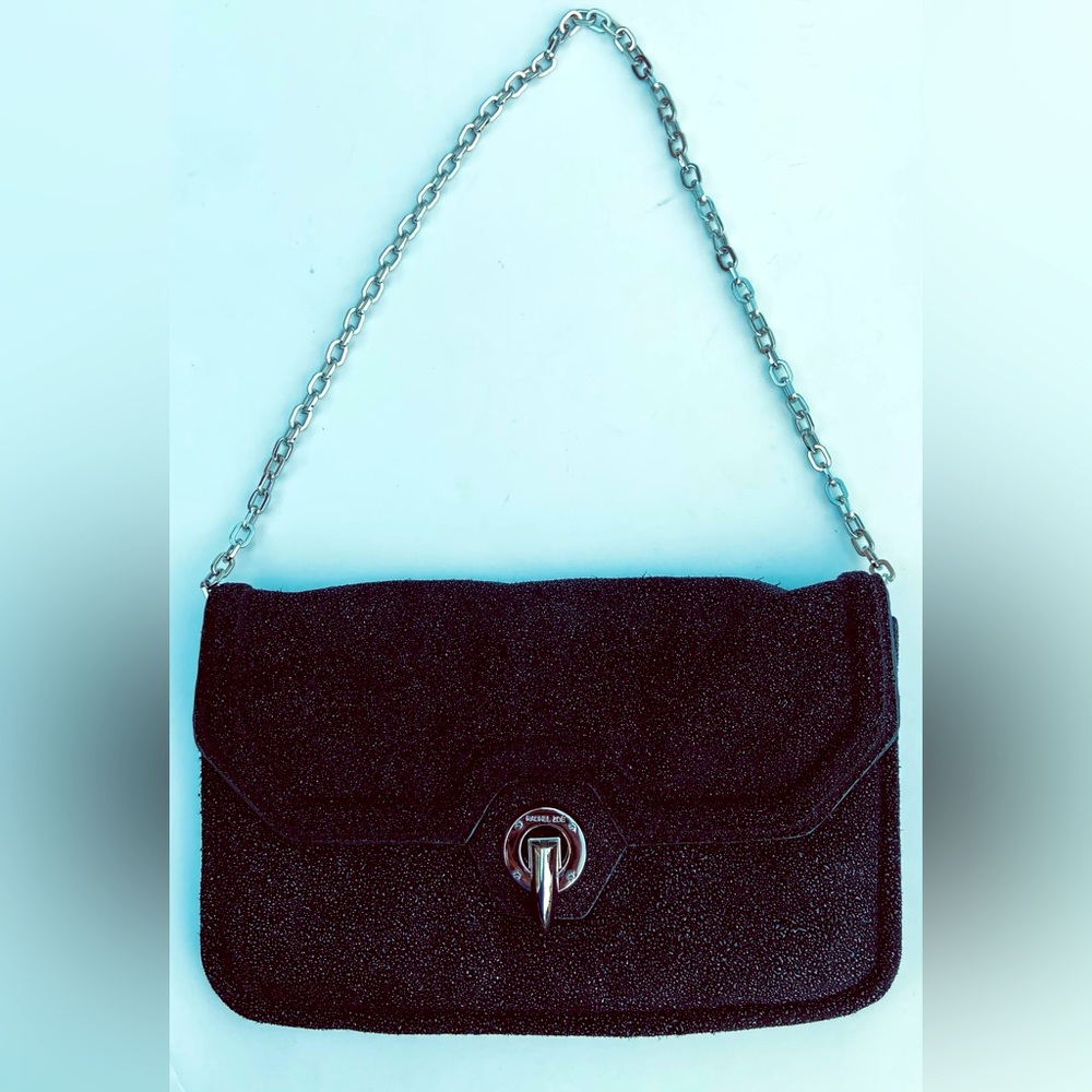 Rachel Zoe black leather clutch on a heavy silver chain / silver flip latch
